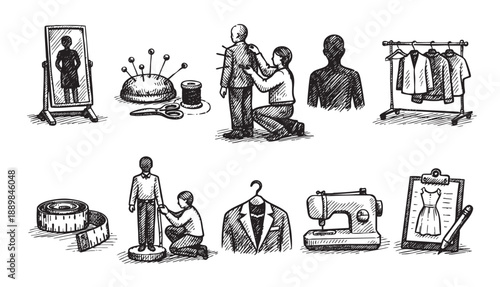 Hand-drawn black and white sketch featuring fashion design elements like tailoring, sewing, garment, mannequin, pattern, sewing machine, and accessories, perfect for design and fashion projects.