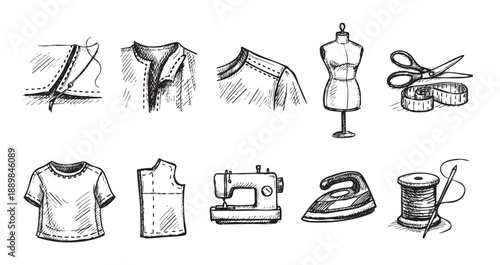 Black and white hand-drawn illustration of various sewing elements including patterns, sewing machine, tailor's mannequin and more, perfect for fashion design or tailoring content.