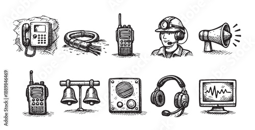 A set of nine sketched communication tools, including a telephone, cable, two way radio, miner, loudspeaker, bells, speaker, headset, and screen.