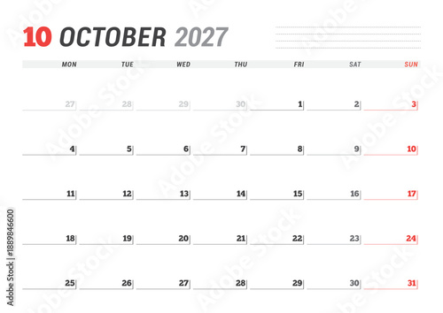 October 2027 Monthly Calendar Template simplifies scheduling with minimalist blank lines, ideal for business desks and planning efficiency, enhances productivity and clarity, vector illustration