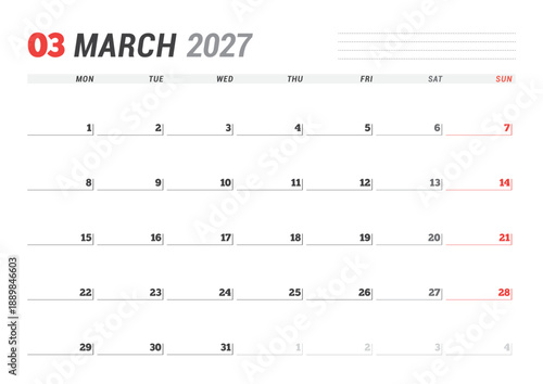 March 2027 Monthly Calendar Template boosts business planning with minimalist blank lines, ideal for meeting rooms and workflow management, streamlines productivity, vector illustration