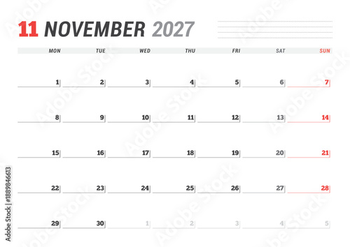 November 2027 Monthly Calendar Template strengthens team structure with minimalist blank lines, perfect for managing tasks and planning flows in office setups, vector illustration