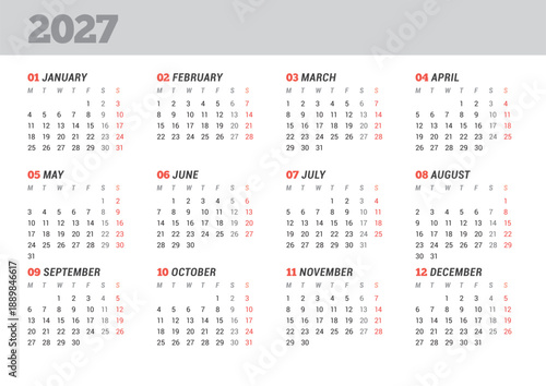 Annual 2027 calendar planner template vector illustration. Minimalist design for office or home use. The week starts on Monday. Yearly organizer for effective planning