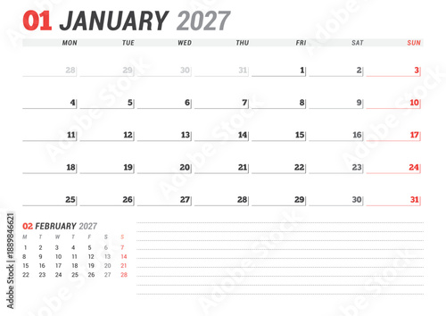 January 2027 calendar planner template. Week starts on Monday. Minimalist and clean design for scheduling and organization. Vector illustration for business or personal use. Printable agenda layout