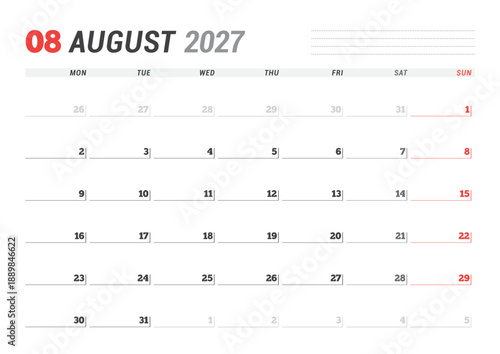 August 2027 Monthly Calendar Template enhances time management with minimalist blank lines, ideal for planning and productivity in business environments, simple and modern, vector illustration