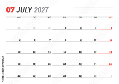 July 2027 Monthly Calendar Template supports strategic planning with minimalist blank lines, ideal for organized workspaces and efficient scheduling routines, vector illustration