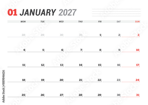 January 2027 Monthly Calendar Template enhances productivity with minimalist blank lines, ideal for office use and planning routines, boosts focus in business settings, vector illustration