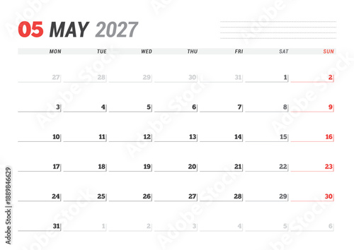 May 2027 Monthly Calendar Template refines executive strategies using minimalist blank lines, perfect for planning goals and focus tracking, great for business use, vector illustration