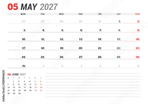 May 2027 calendar planner template. Week starts on Monday. Minimalist and clean design for efficient scheduling and organization. Vector illustration for a printable business agenda layout