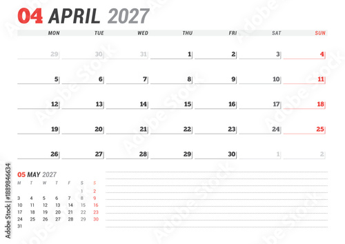 April 2027 calendar planner template. Week starts on Monday. Professional and minimalist design for scheduling and organization. Vector illustration for a printable business agenda layout