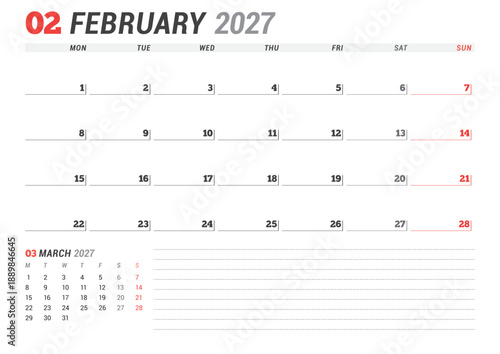 February 2027 calendar planner template. Week starts on Monday. Modern minimalist design for effective scheduling and organization. Vector illustration, perfect for a printable business agenda layout