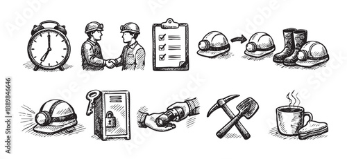 Hand drawn mining sketch icons feature miners, tools, safety equipment, and work related items in detailed illustrations, useful for industry related infographics.