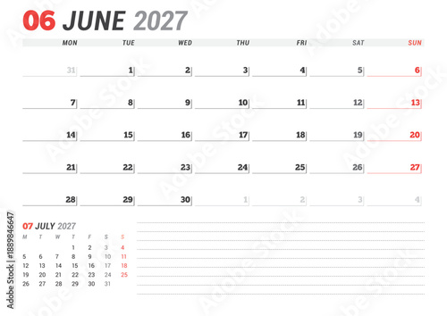 June 2027 calendar planner template. Week starts on Monday. Simple and modern design for effective scheduling and planning. Vector illustration for a printable business agenda page