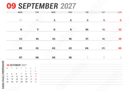 September 2027 calendar planner template. Week starts on Monday. Clean and modern design for business scheduling and organization. Vector illustration for a printable agenda layout