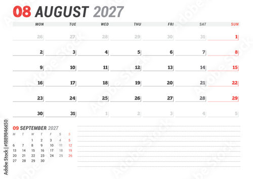 August 2027 calendar planner template. Week starts on Monday. Minimalist and clean design for corporate scheduling and organization. Vector illustration for a printable agenda page