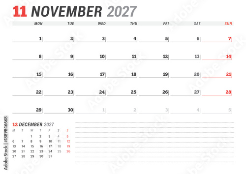 November 2027 calendar planner template. Week starts on Monday. Modern and clean design for business planning and organization. Vector illustration for a printable schedule layout