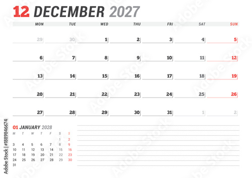 December 2027 calendar planner template. Week starts on Monday. Minimalist and modern design for business scheduling and organization. Vector illustration for a printable agenda layout