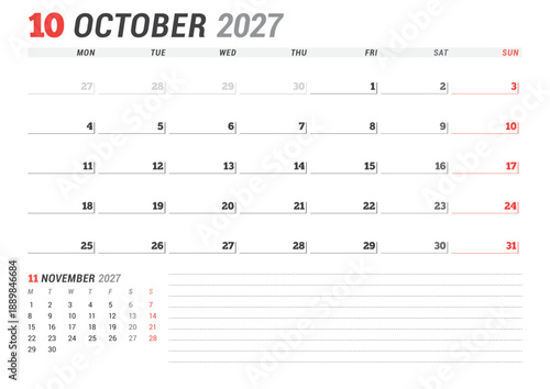 October 2027 calendar planner template. Week starts on Monday. Simple and minimalist design for business scheduling and planning. Vector illustration for a printable agenda layout