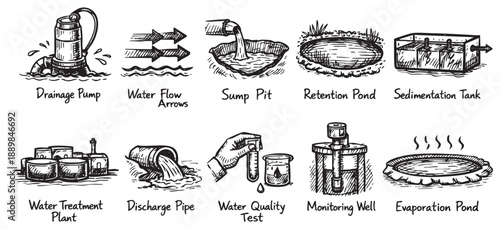 Illustration depicts a drainage pump, water flow, sump pit, retention pond, and other water treatment systems in a sketch style.