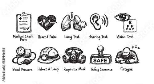 A set of hand-drawn icons representing medical health and safety concerns including fatigue, vision, hearing, lungs, and safety clearance.