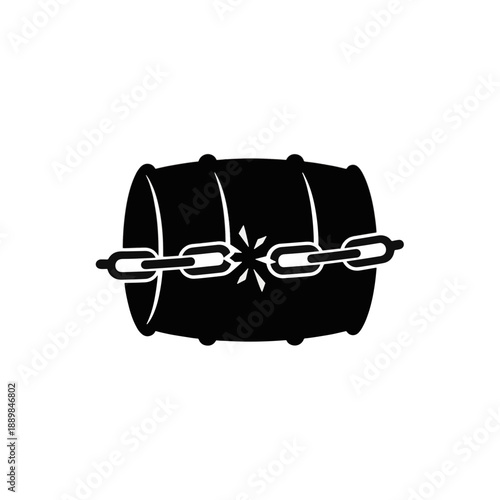 Black simple barrel icon with chain around it. Symbol of strong wine or beer drink storage. Flat vector illustration for app, web design