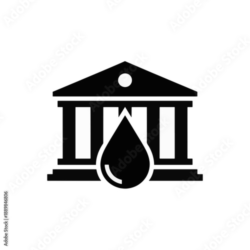 Government building or bank icon with water drop. Flat style vector illustration for finance, ecology, and municipal service concepts