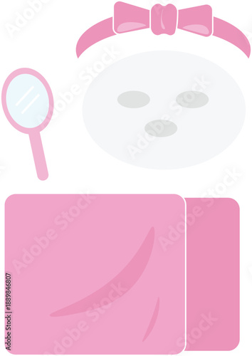 Cute pink self-care and skincare vector illustration featuring a facial sheet mask, headband with bow, hand mirror, and soft towel. Flat style design perfect for beauty routines, and spa themes
