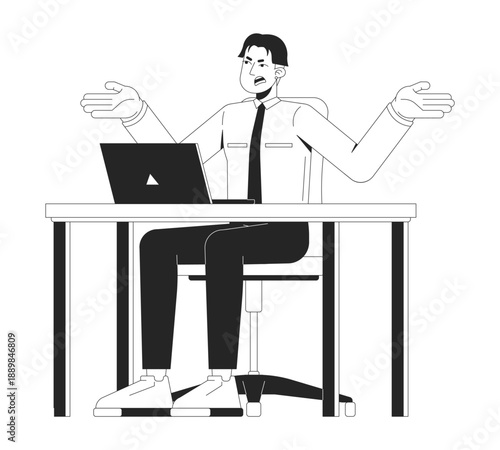 Frustrated asian office worker at desk 2D line character. Corporate problem. Angry korean manager arms raised in exasperation isolated vector ink outline person. Monochromatic spot illustration