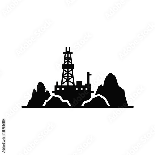 Offshore oil rig platform with derrick surrounded by rocks. Energy exploration industry concept. Vector icon for logo, website, app