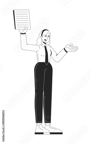 Frustrated blonde female manager holding up document angrily 2D line character. Project complaint. Employee dissatisfaction isolated vector ink outline person. Monochromatic spot illustration