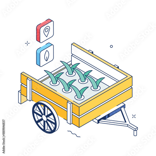An editable isometric illustration of farm cart carrying fresh crops