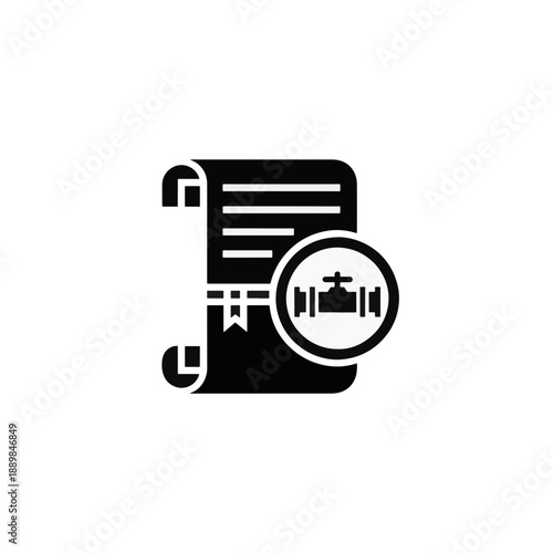 Document with oil valve icon as a service agreement or contract symbol. Industrial piping concept. Vector illustration in flat style for app, web design