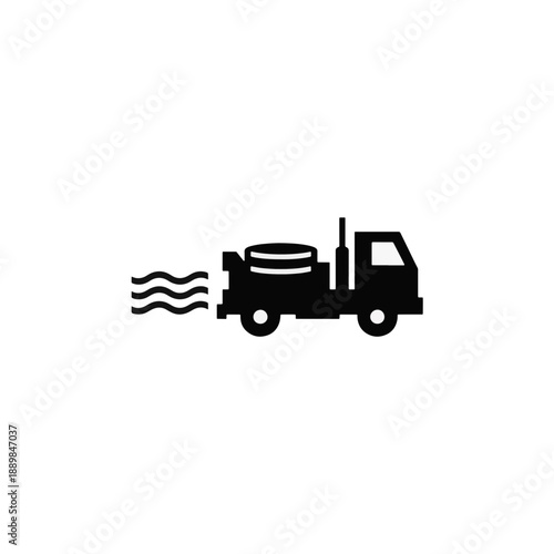 Black small sewage truck with fluid ripples behind it. Liquid dirty water transport delivery service. Flat sewerage waste collection. Vector icon symbol