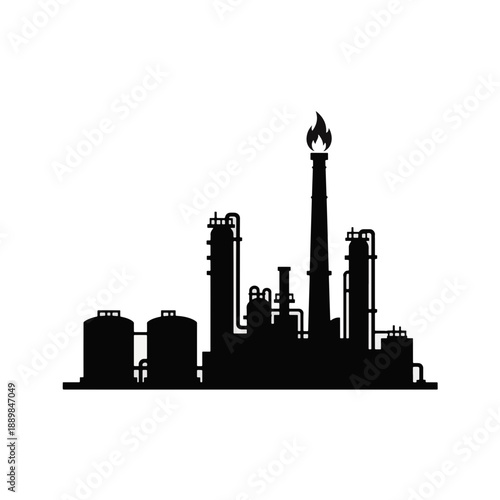 Industrial factory icon with smoking chimneys, heavy industry symbol or oil refinery vector illustration for business, production concept