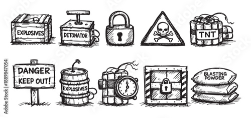 A collection of hand-drawn sketches depicts various explosives, including TNT, detonators, danger signs and blasting powder, conveying a sense of danger and destruction.