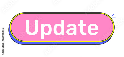 Update rounded pink cartoon UI button. Page reload refresh. Sync content. New version. Latest data. Upgrade software. Clickable call-to-action. Flat vector illustration. Cute design. Rubik font used