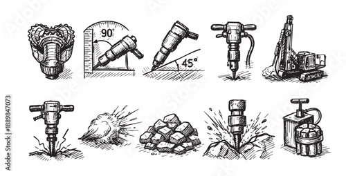 A hand-drawn vector sketch depicts various mining equipment and methods, ideal for illustrating articles or educational material about the mining industry.