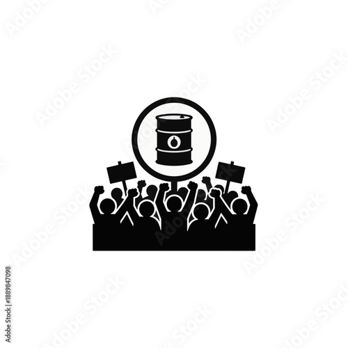 Crowd of people protesting with a barrel of oil above them in a circle. Oil protests. Vector illustration