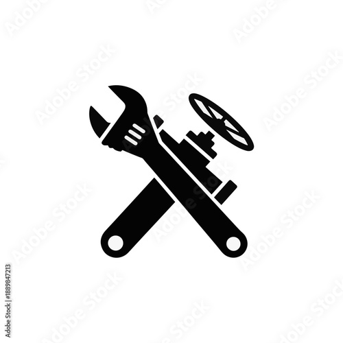 Cross wrench and pipe valve icon. Plumbing repair tool symbol for maintenance, service, and construction. Vector illustration on isolated background