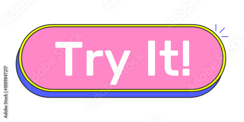 Try it rounded pink cartoon UI button. Trial functionality. User interaction. Test tool. Preview mode. Demo feature. Clickable call-to-action. Flat vector illustration. Cute design. Rubik font used
