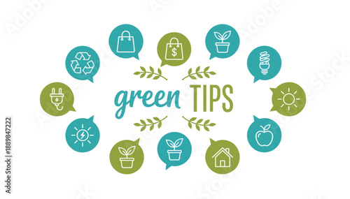 Green tips concept with ecological icons in speech bubbles and text message. Environment, nature, save earth. Vector illustration for banner, infographic