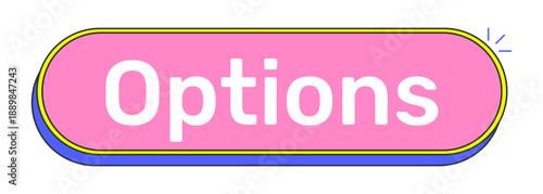 Options rounded pink cartoon UI button. Customizable settings. Adjust preferences. Configuration tool. User controls. Clickable call-to-action. Flat vector illustration. Cute design. Rubik font used