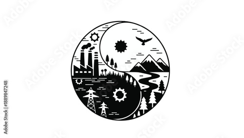 Symbol of industrial progress and natural balance in yin yang design.