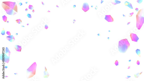 Stunning display falling holographic iridescent crystals and gems on a white background. Ideal for magical luxury or sci fi themed design projects