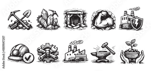 Hand-drawn style illustration featuring mining and industrial icons, including tools, tunnels, factories, and growth concepts in black and white.