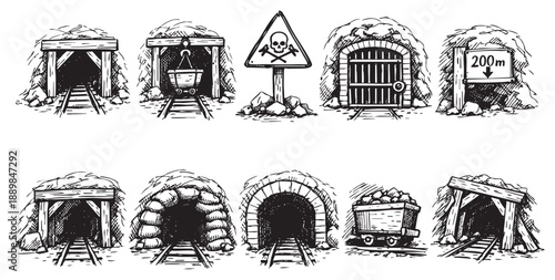 Collection of monochrome sketch illustrations of mine entrances, danger signs, a mining cart, and railroad tracks leading into the mines.