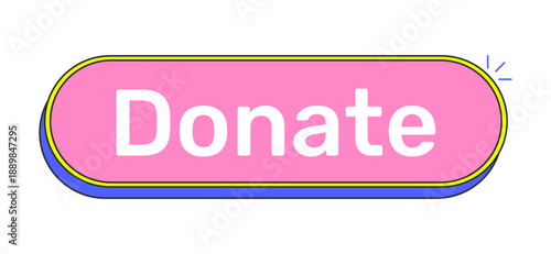 Donate rounded pink cartoon UI button. Charity support. Financial contribution. Give donation. Fundraising prompt. Clickable call-to-action. Flat vector illustration. Cute design. Rubik font used