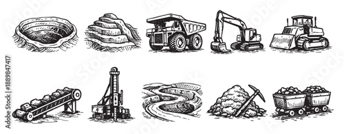 Collection of mining-related line art illustrations featuring heavy equipment, a pit, a conveyor belt, and a pickaxe, ideal for industrial themes.