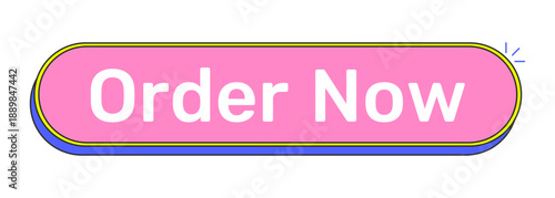 Order now rounded pink cartoon UI button. Online checkout. Product ecommerce. Quick buy item. Place purchase. Clickable call-to-action. Flat vector illustration. Cute design. Rubik font used