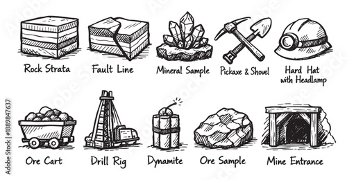Hand-drawn icons illustrate mining and geology: drill rig, ore cart, dynamite, mineral sample, tools, strata, perfect for educational or industrial designs.